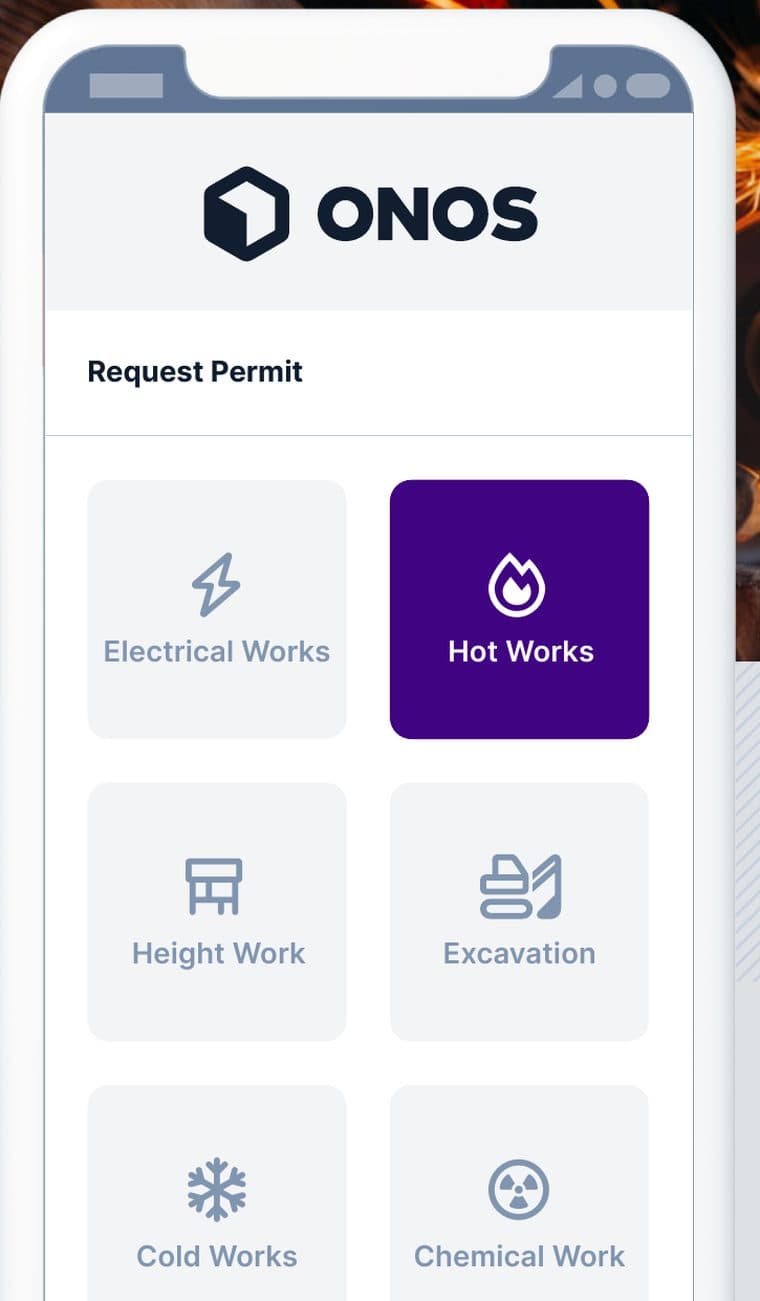 The mobile Request Permit screen, with permit-type tiles for electrical works, hot works (selected), height work, excavation, cold works and chemical work.